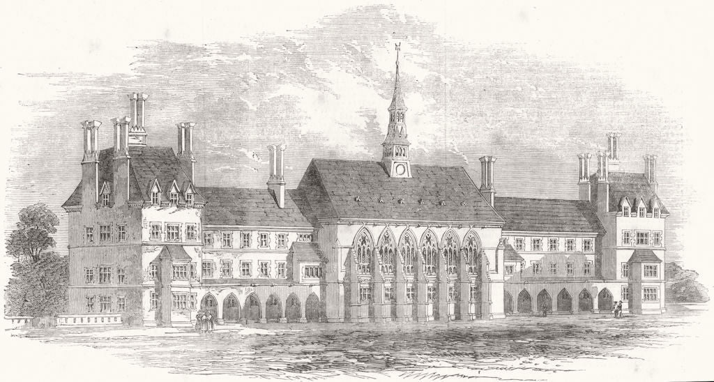 LONDON. Travellers' society's new schools, Pinner 1853 old antique print